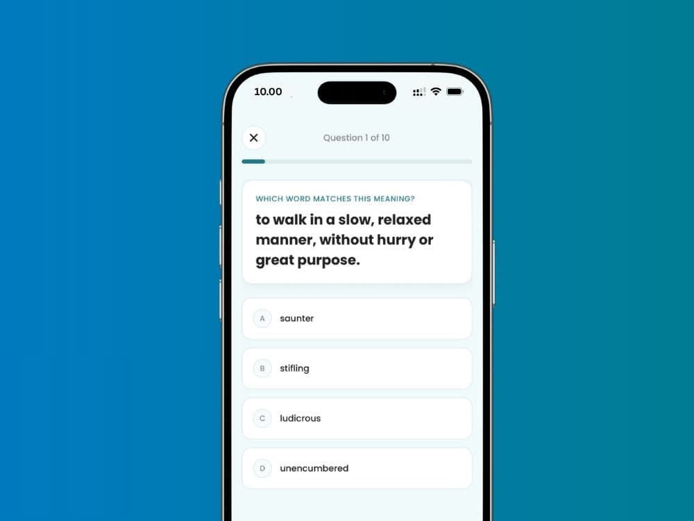 A Vocably quiz question beside the progress screen showing a streak and an activity calendar.