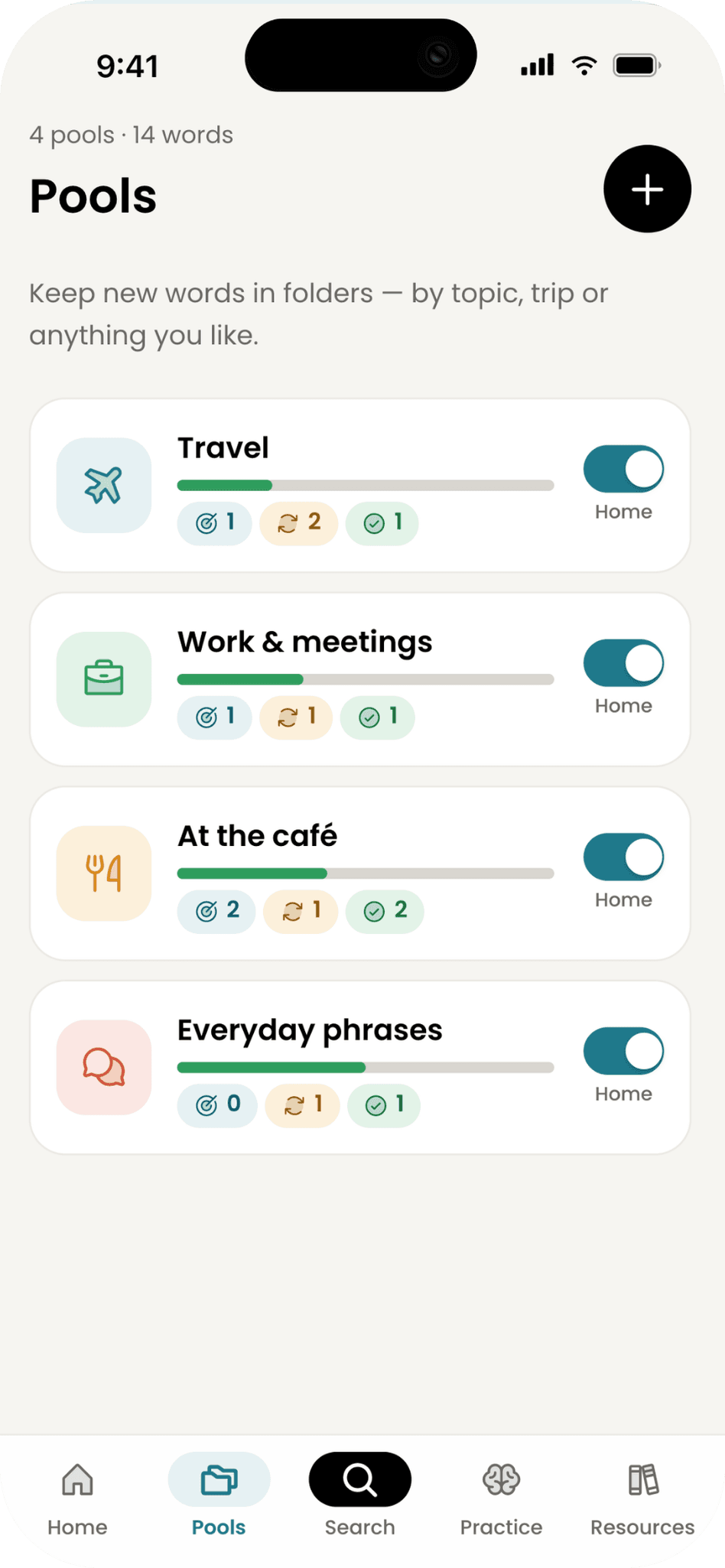 Word pools for Travel, Work & meetings, At the café and Everyday phrases