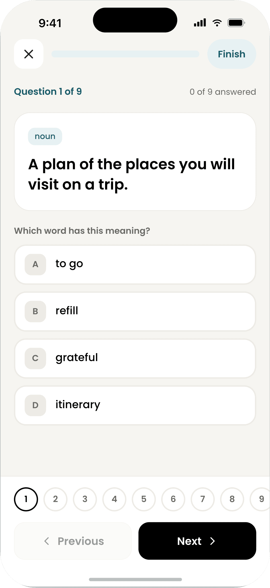 A word quiz question with four answer options
