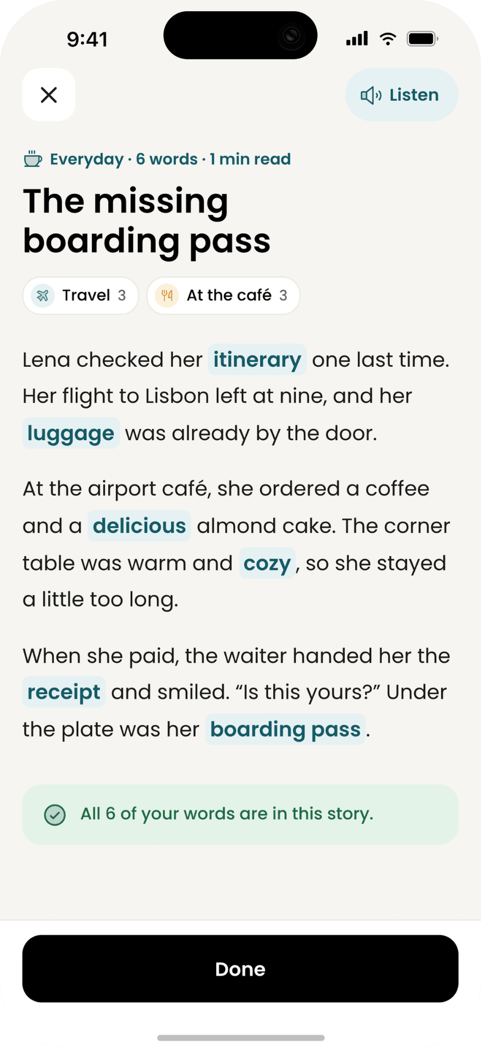 A short story called The missing boarding pass with saved words highlighted